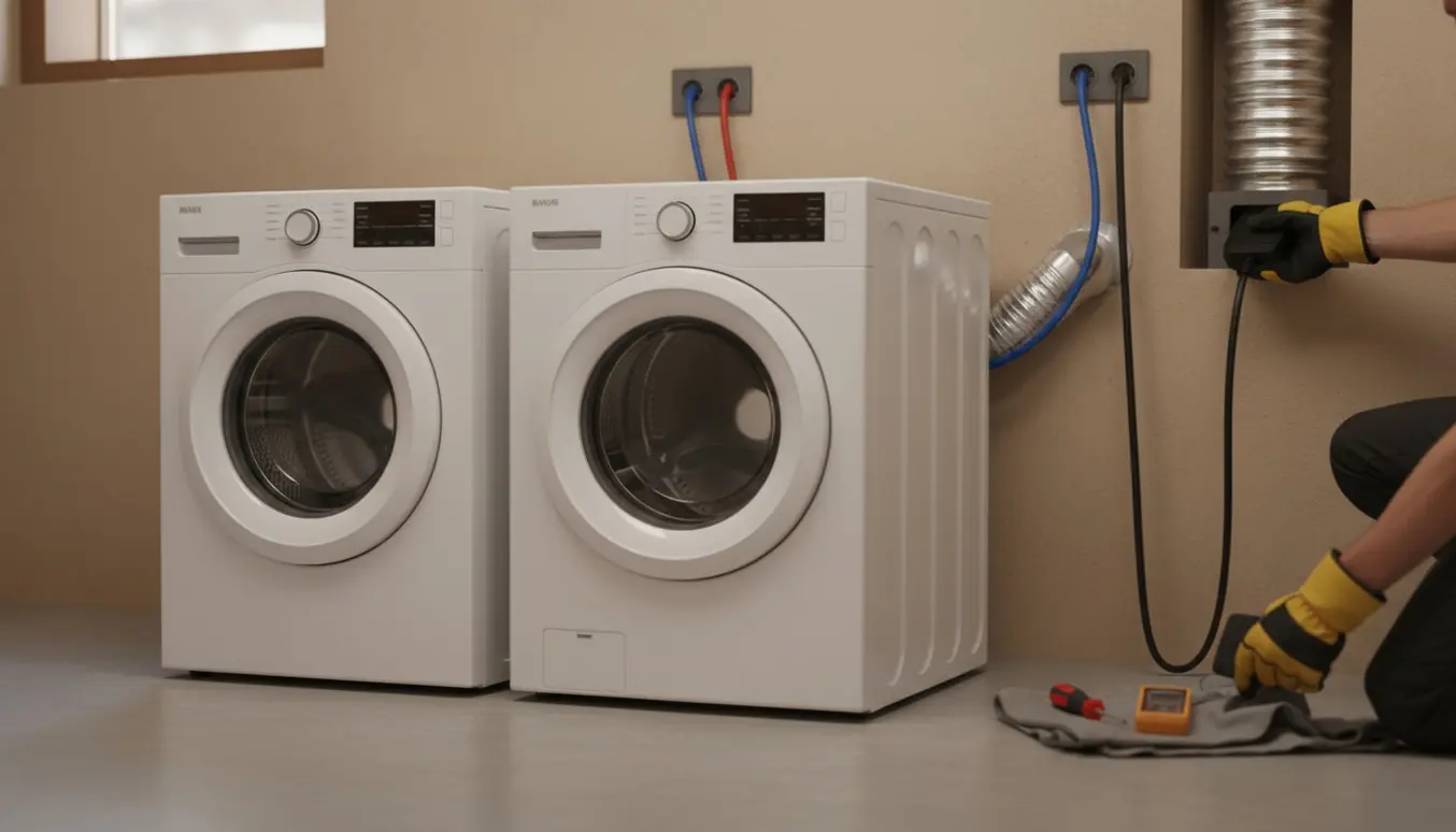 Elektriker tilslutter et kraftigt fladstik til vaskemaskine og tørretumbler i en kælder, med VVS-forbindelser og ét kabel per stik.