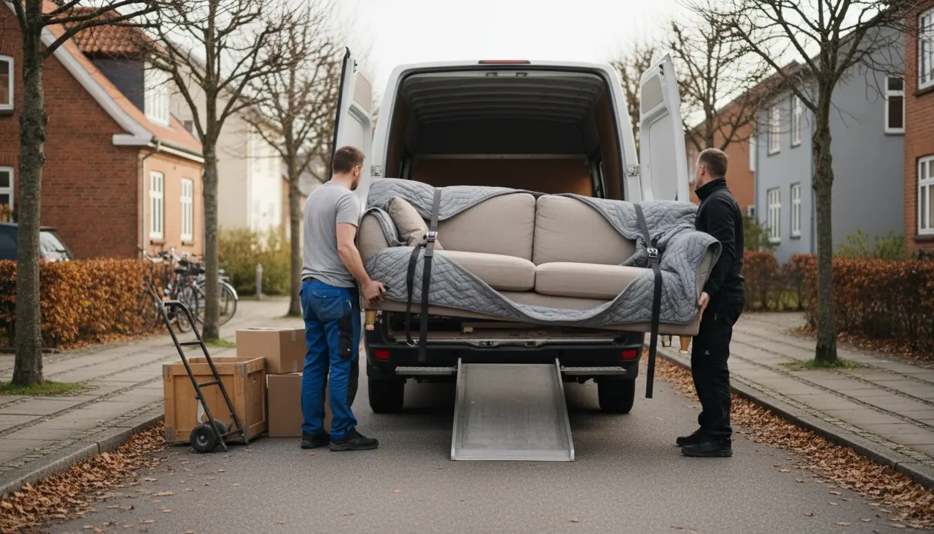 Flyttefolk læsser en indpakket sofa ind i en kassevogn på en dansk villavej i efteråret.