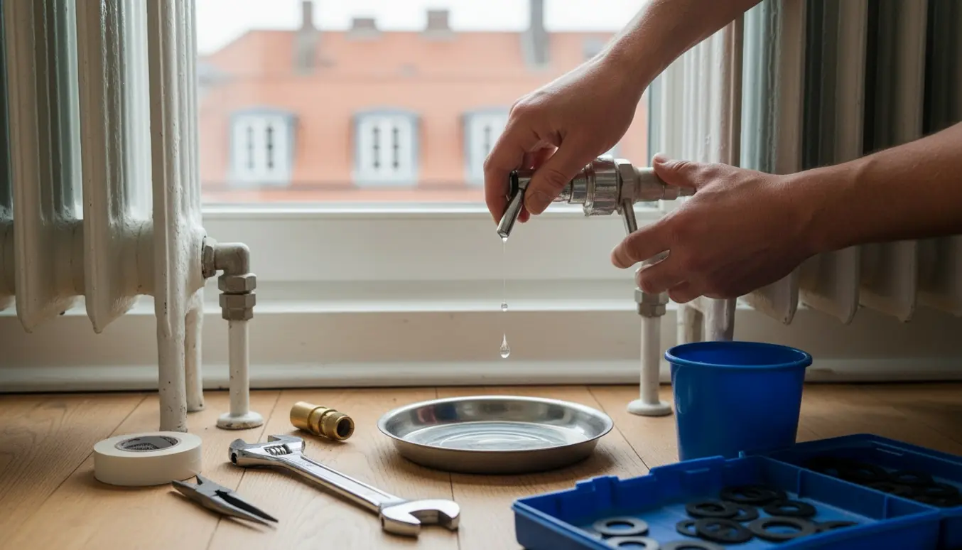 Nærbillede af hænder, der arbejder på en dryppende radiatorventil med værktøj og en bakke til vand i en lys lejlighed.