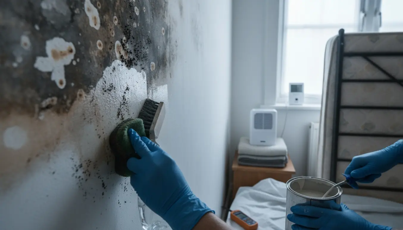 Arbejde med at fjerne skimmelsvamp og påføre fugtspærre på en nordvendt væg, mens sengen er trukket væk.