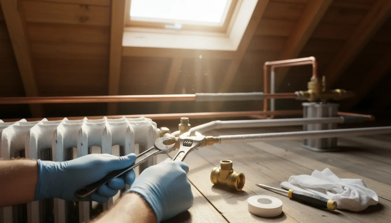 Hænder arbejder på en radiatorventil på loftet med værktøj og eksponerede rør.