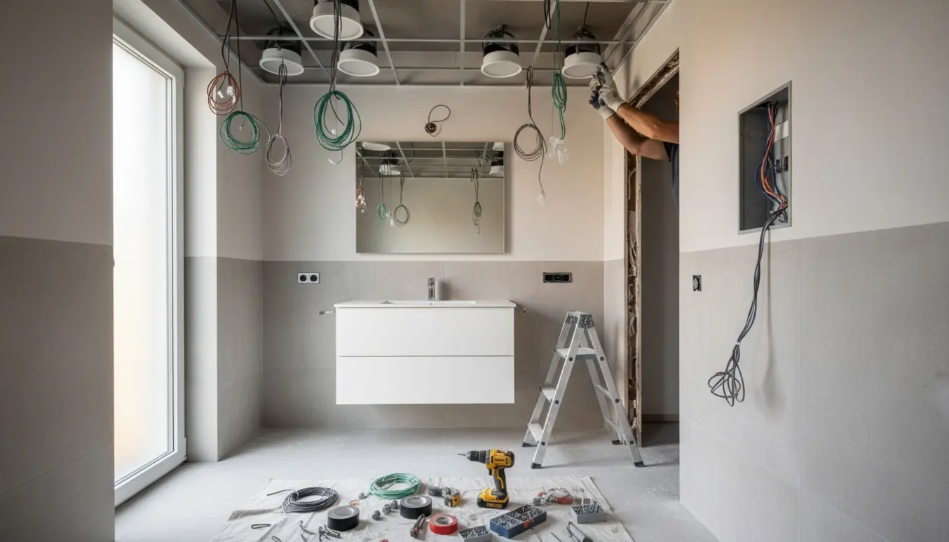 Badeværelse under renovering med elektrikerhænder, synlige ledninger, dobbeltstikkontakt ved bademøbel og spots i sænket loft.