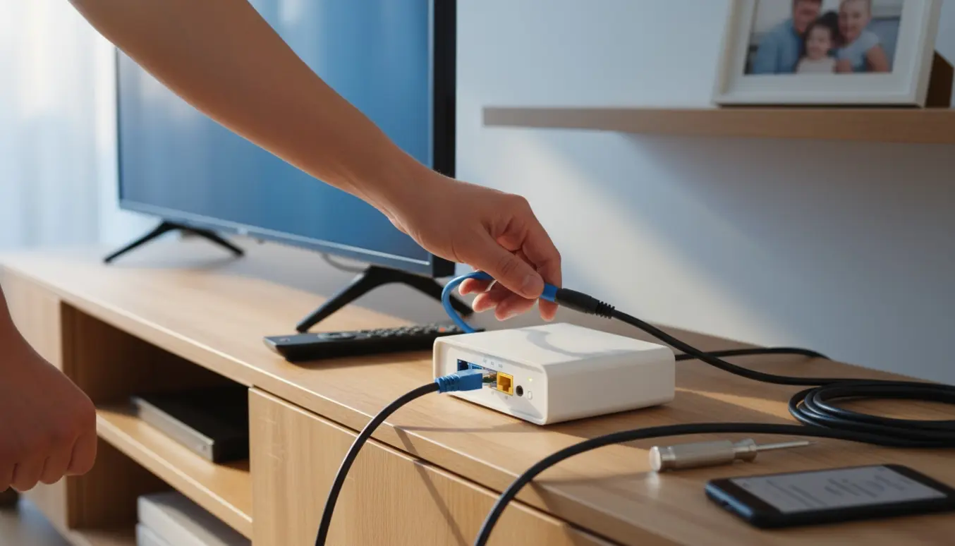 Hænder tilslutter internet- og antennekabler til en hvid router foran et fladskærms-tv i en lys stue.