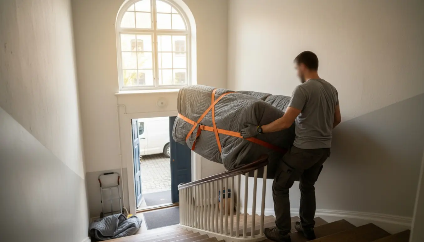 En flyttemand manøvrerer en stor, pakket sofa op ad en smal trappeopgang alene.