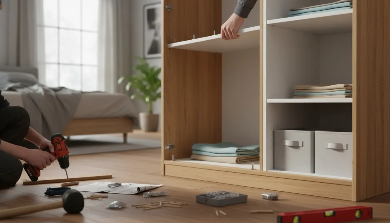 Montering af fladpakket skab med hylder og værktøj, hænder uden ansigt synligt.