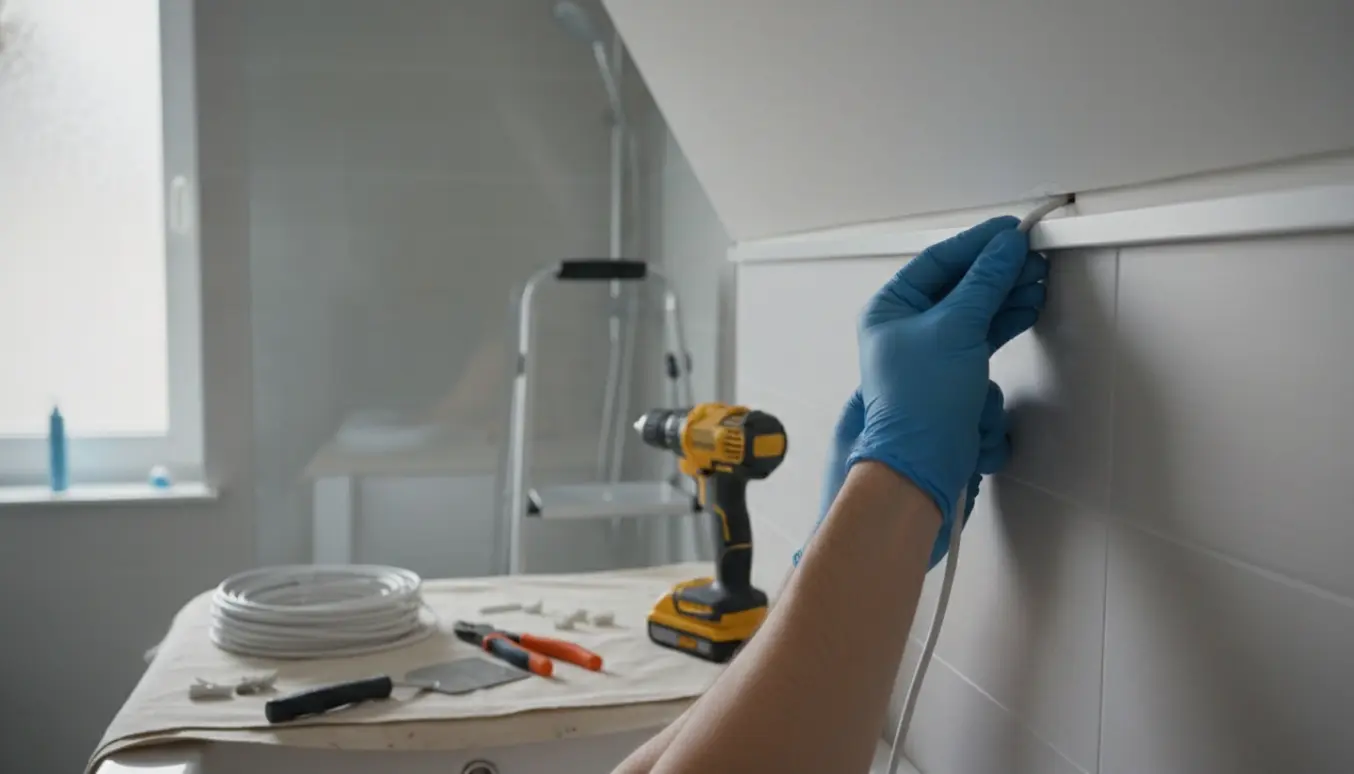 Nærbillede af hænder, der fører en elektrisk ledning langs loftskanten i et lyst badeværelse med værktøj og stige.