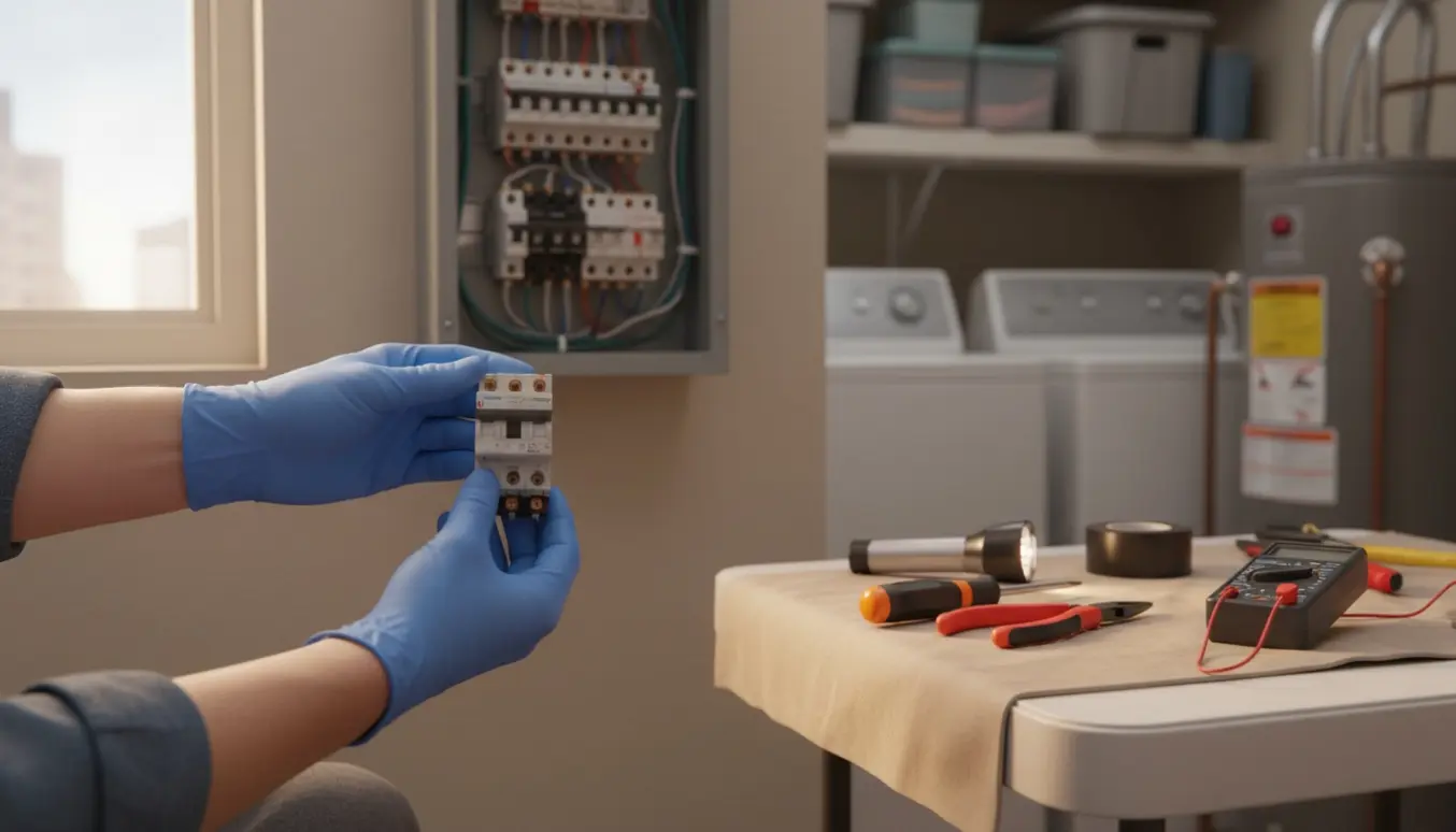 Handskerede hænder holder en nyligt udskiftet, let forkullet afbryder foran en åben eltavle med værktøj ved siden af.