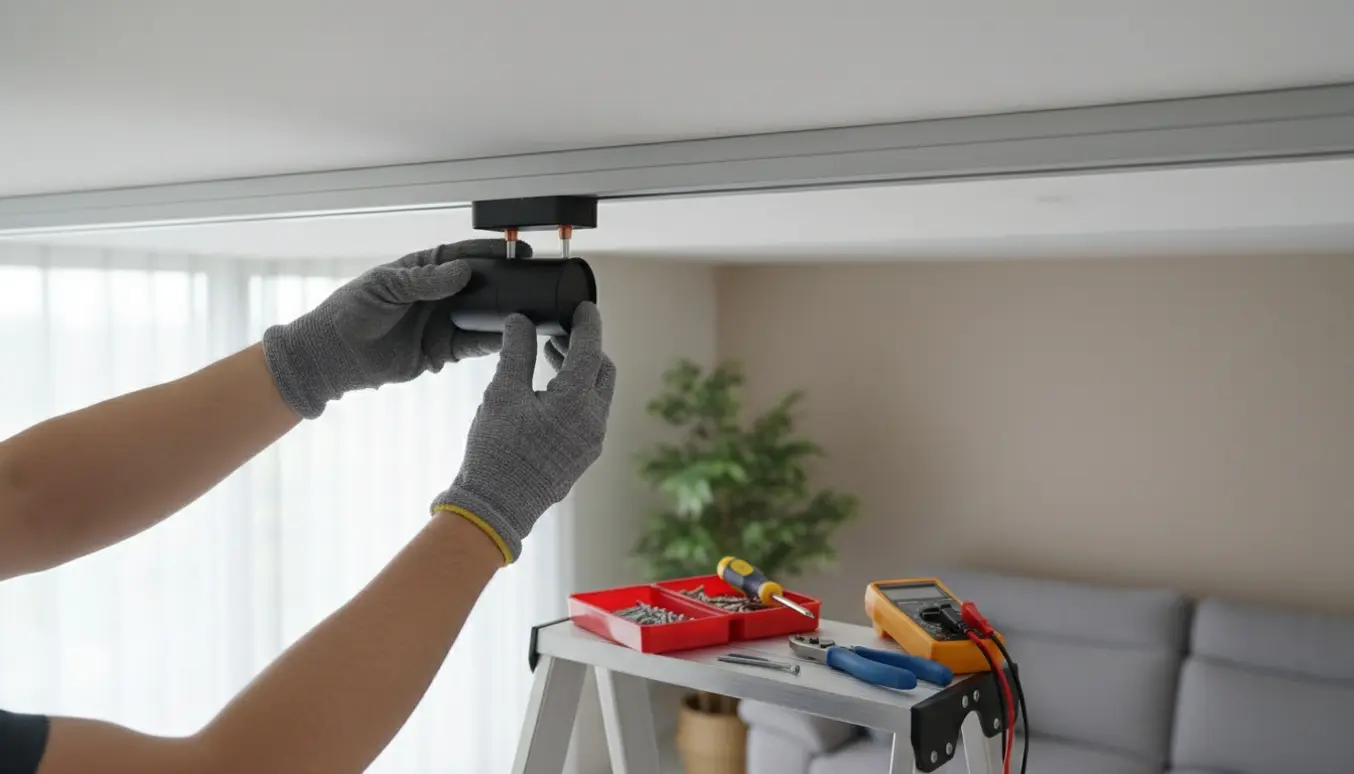 Tekniker genmonterer en spotlight-lampe på en loftsskinne med værktøj på en stige.