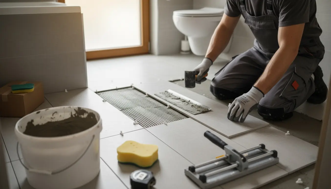 Autoriseret håndværker lægger rektangulære fliser på et lille baderumsgulv.