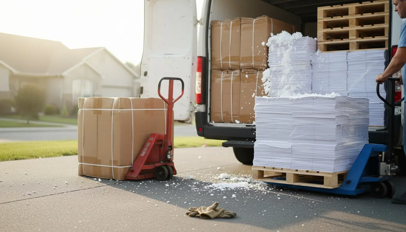 Lastbil læsset med sammenklappet pap, flamingo og en stak engangspaller klar til bortkørsel.