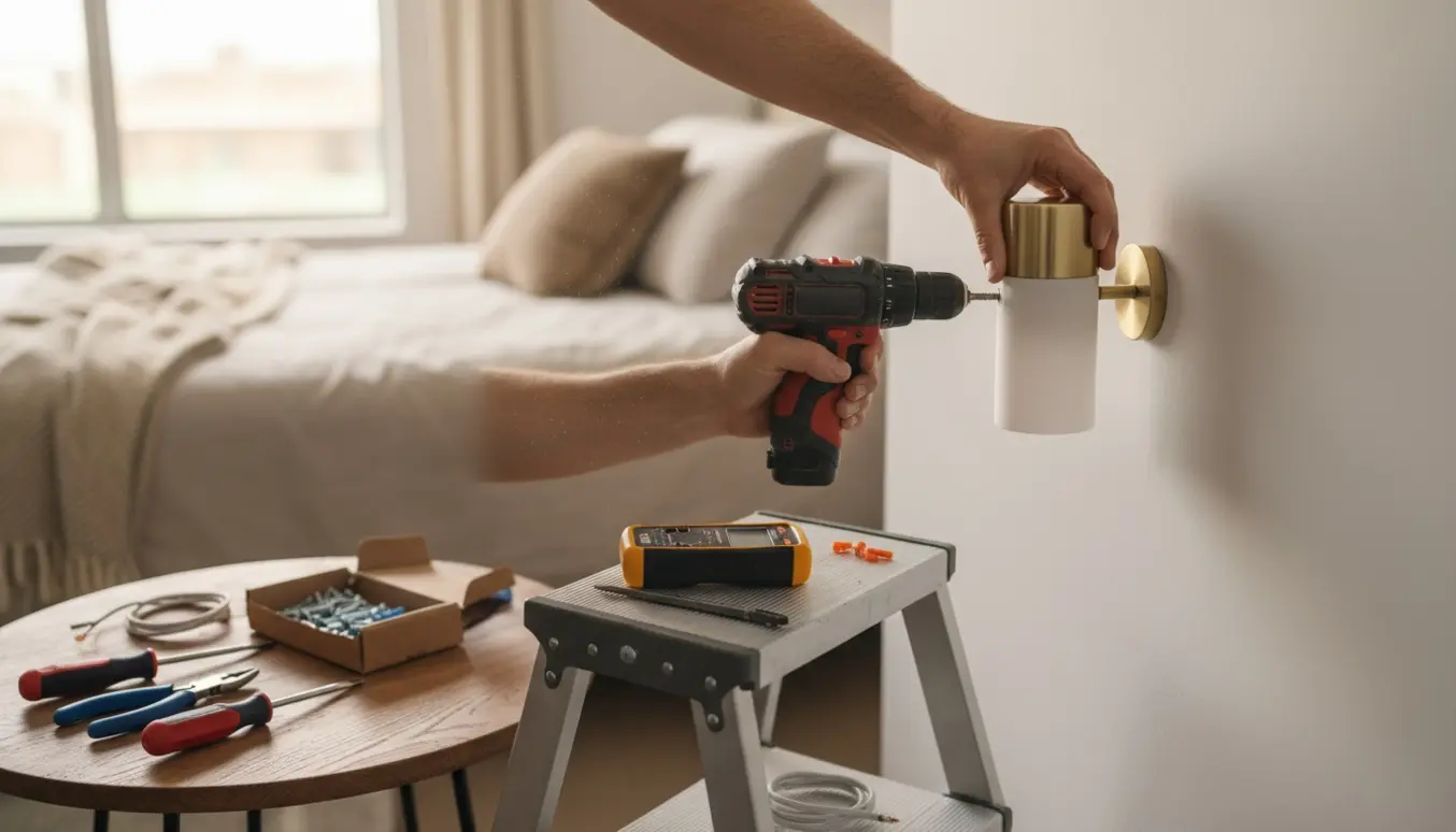 Hænder monterer en væglampe på en hvid væg med værktøj klar på et bord ved siden af.