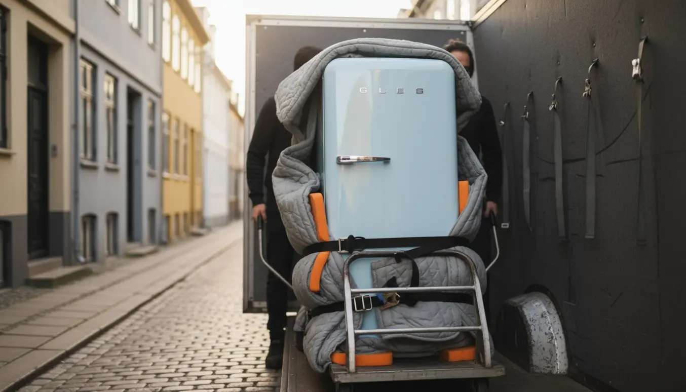 Pastelfarvet retro køleskab indpakket i flyttetæpper og fastspændt på en møbel-dolly ved indladning i en polstret varevogn på en rolig københavnsk villavej.