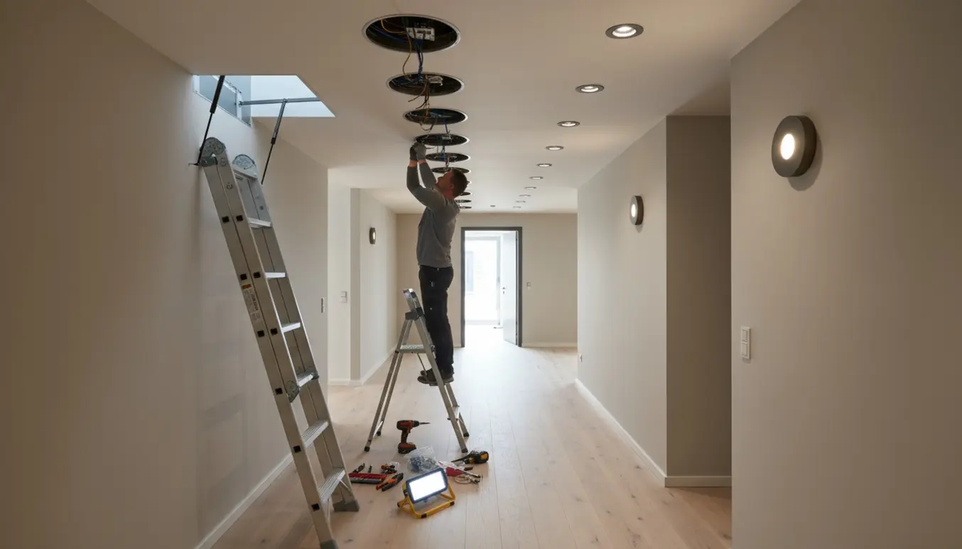 Elektriker monterer ni matte spots i en lav kontorgang med stige, værktøj og åben loftlem.