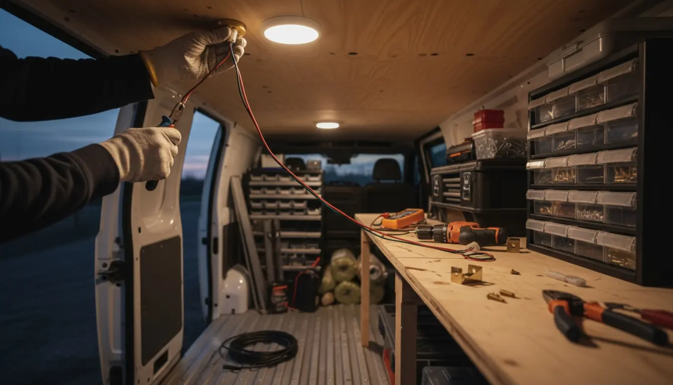 Hænder monterer en LED-loftlampe i en varevogns indre med værktøj og ledninger synlige.