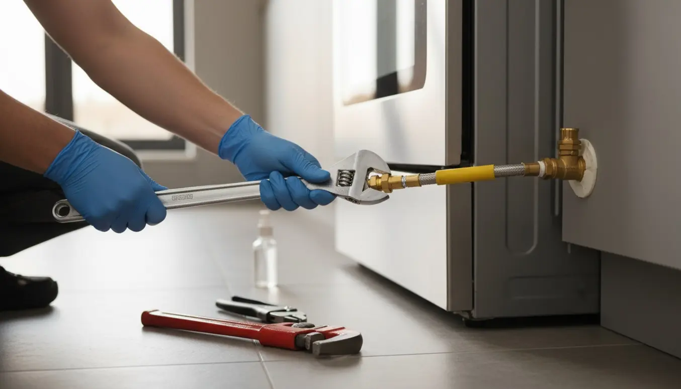 Nærbillede af hænder, der tilslutter et fritstående gaskomfur til en eksisterende gasledning med fleksibel gasforbindelse.