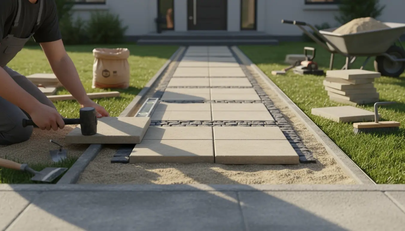 Nærbillede af en 90 cm bred gangsti med 30x30 cm fliser lagt i 90x90 cm mønster og række af brosten, håndværker uden ansigt arbejder med afrettersand.
