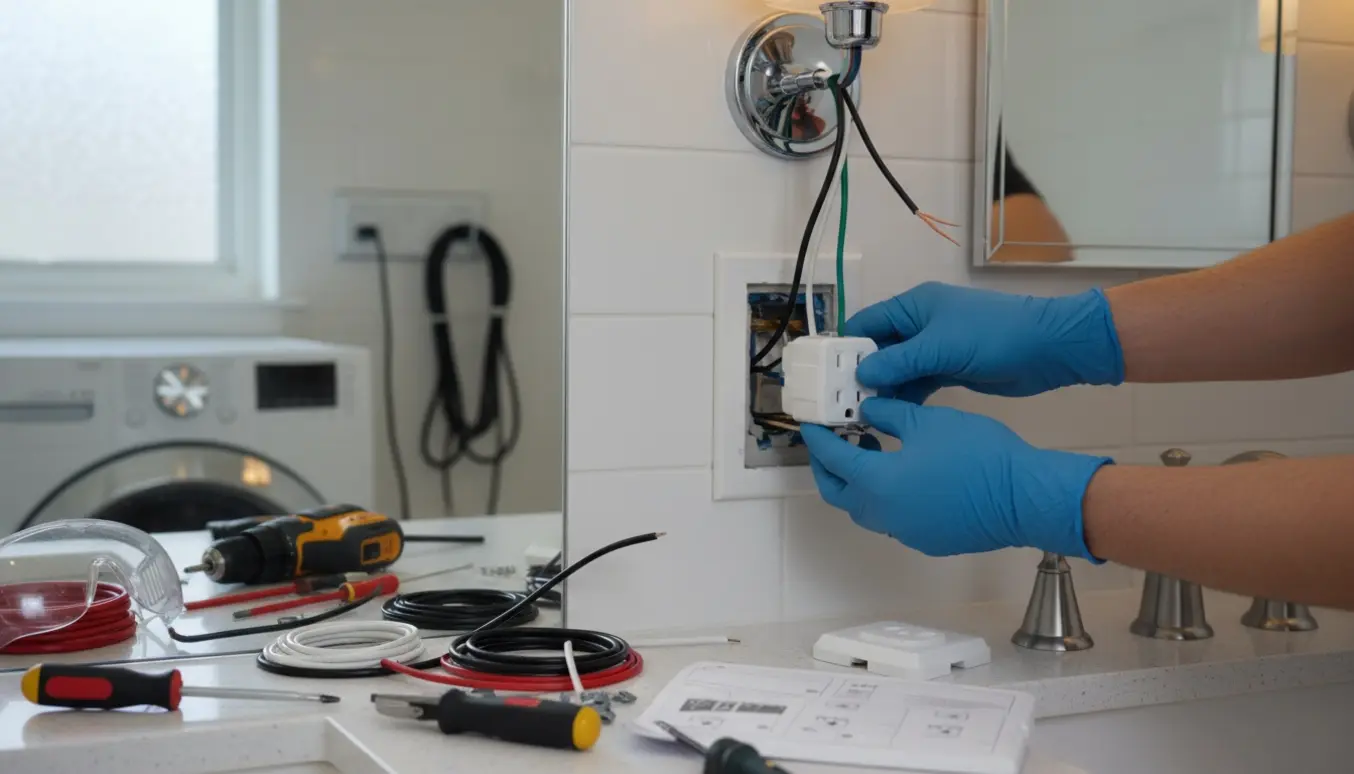 Handsker på hænder monterer en ny stikkontakt i et flisebadeværelse ved siden af vaskemaskine og spejl.