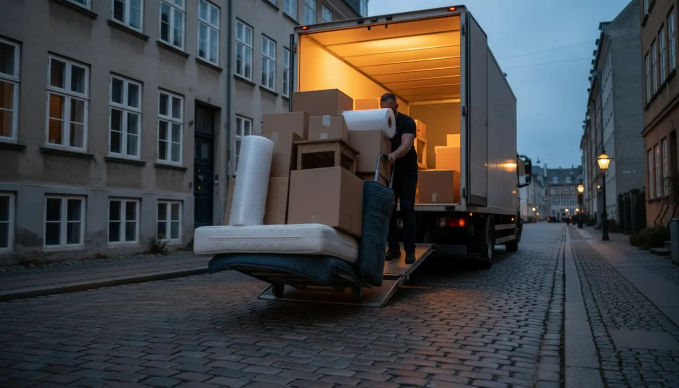 To personer aflæsser en åben flyttebil på en brostensgade i København om aftenen.