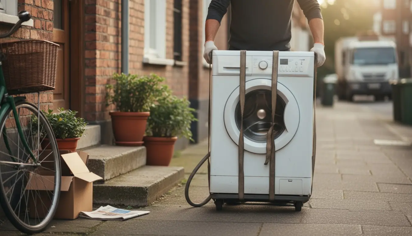 To personer flytter en vaskemaskine fra stueetagen ud på fortovet med en flyttevogn.