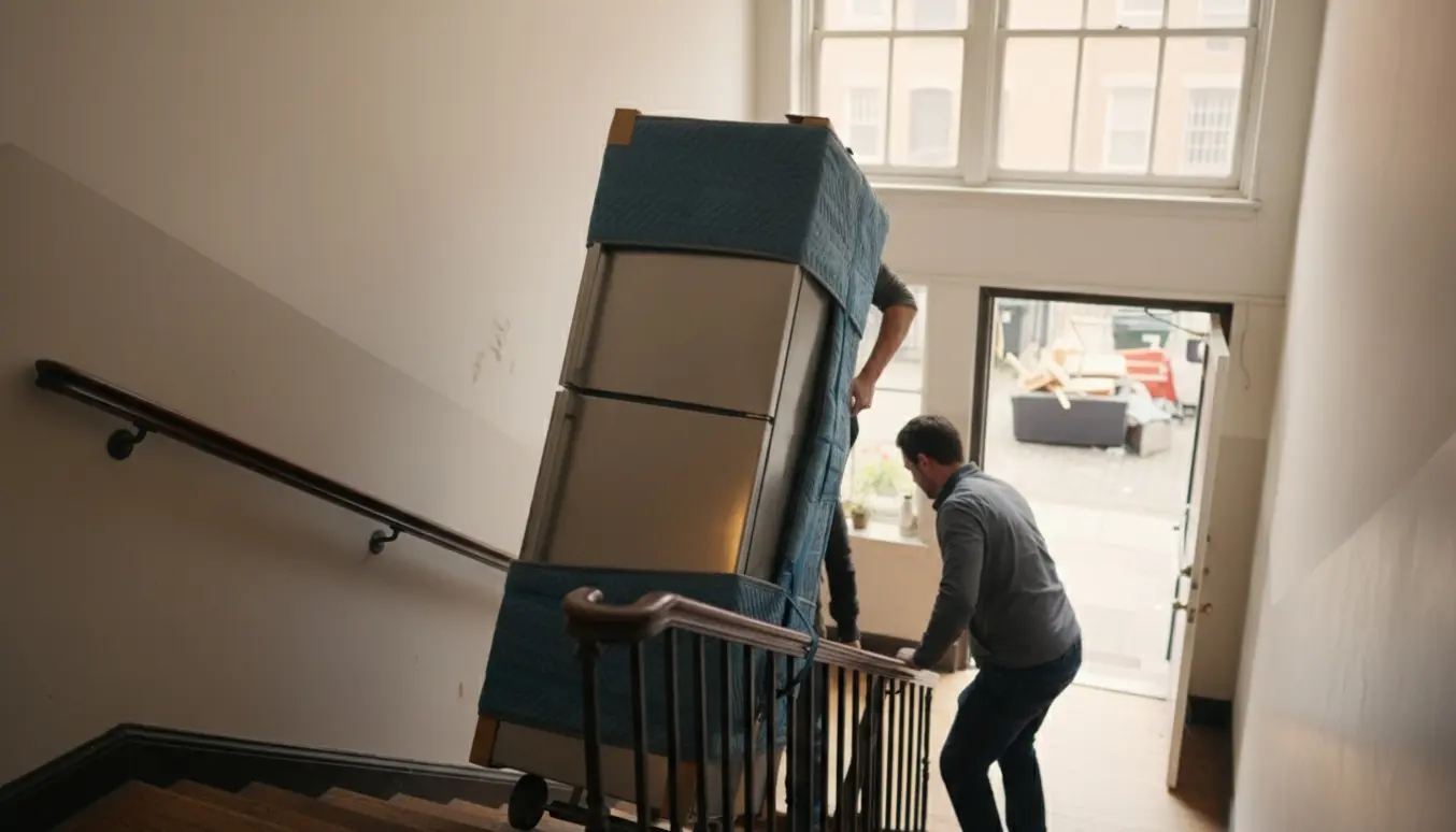 Køleskab bæres ned ad en snæver trappe på sækkevogn mod storskraldsområdet uden synlige ansigter.