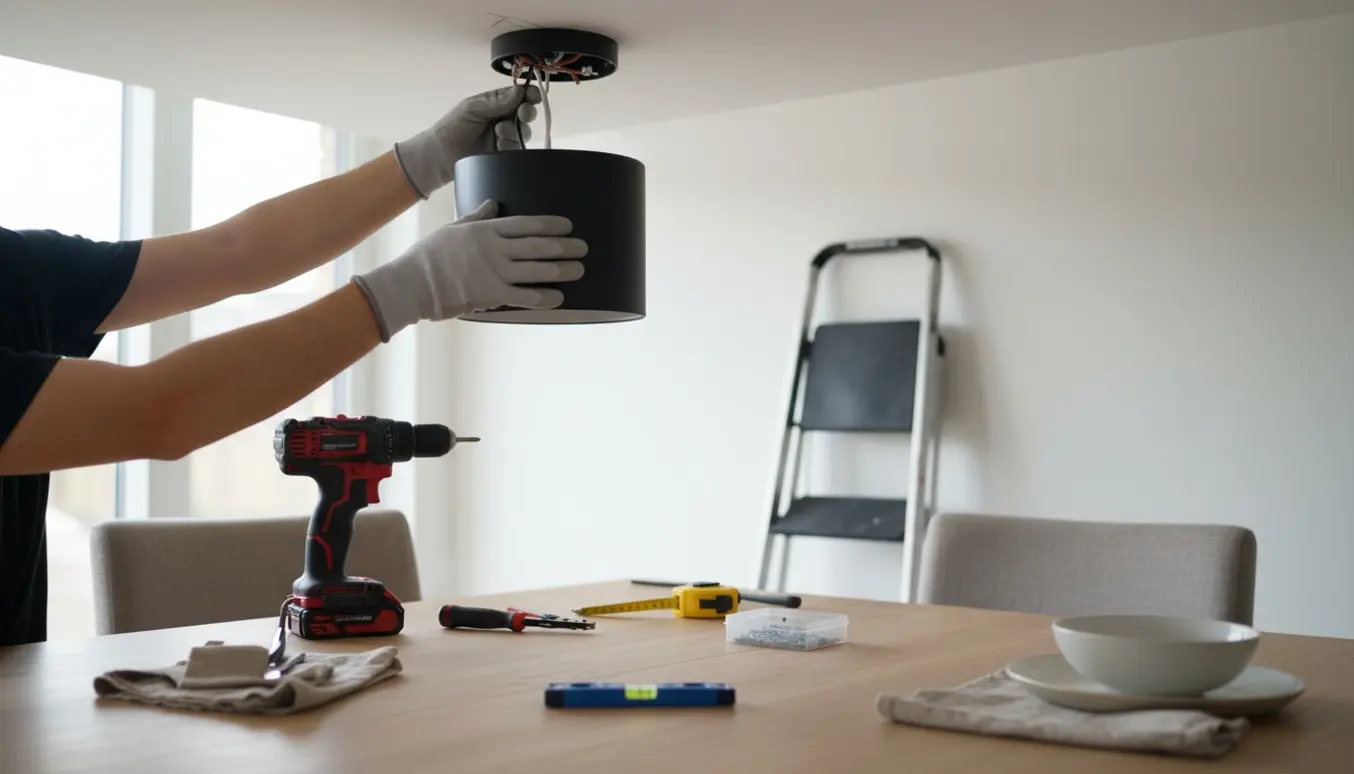 Hængelampe monteres over et træspisebord med hænder og værktøj i fokus.