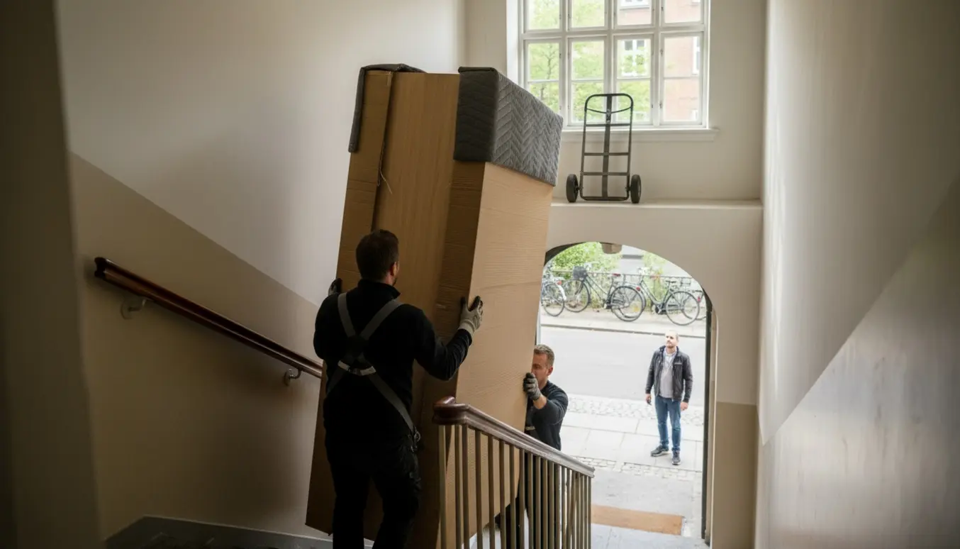 To flyttemænd bærer et højt, indpakket garderobeskab ned ad en opgang og afleverer det ved fortovet på Amagerbro.