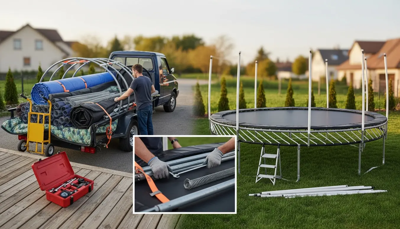 Trampolin pakkes og læsses på trailer, mens en delvist opbygget trampolin står i den nye baghave.