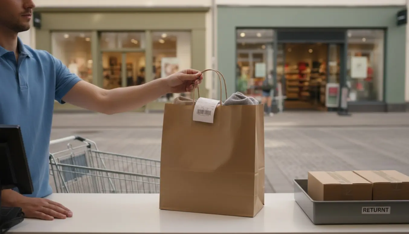 Hænder afleverer onlinekøb i en papirpose ved en ekspeditionsdisk med to butiksgange i baggrunden.