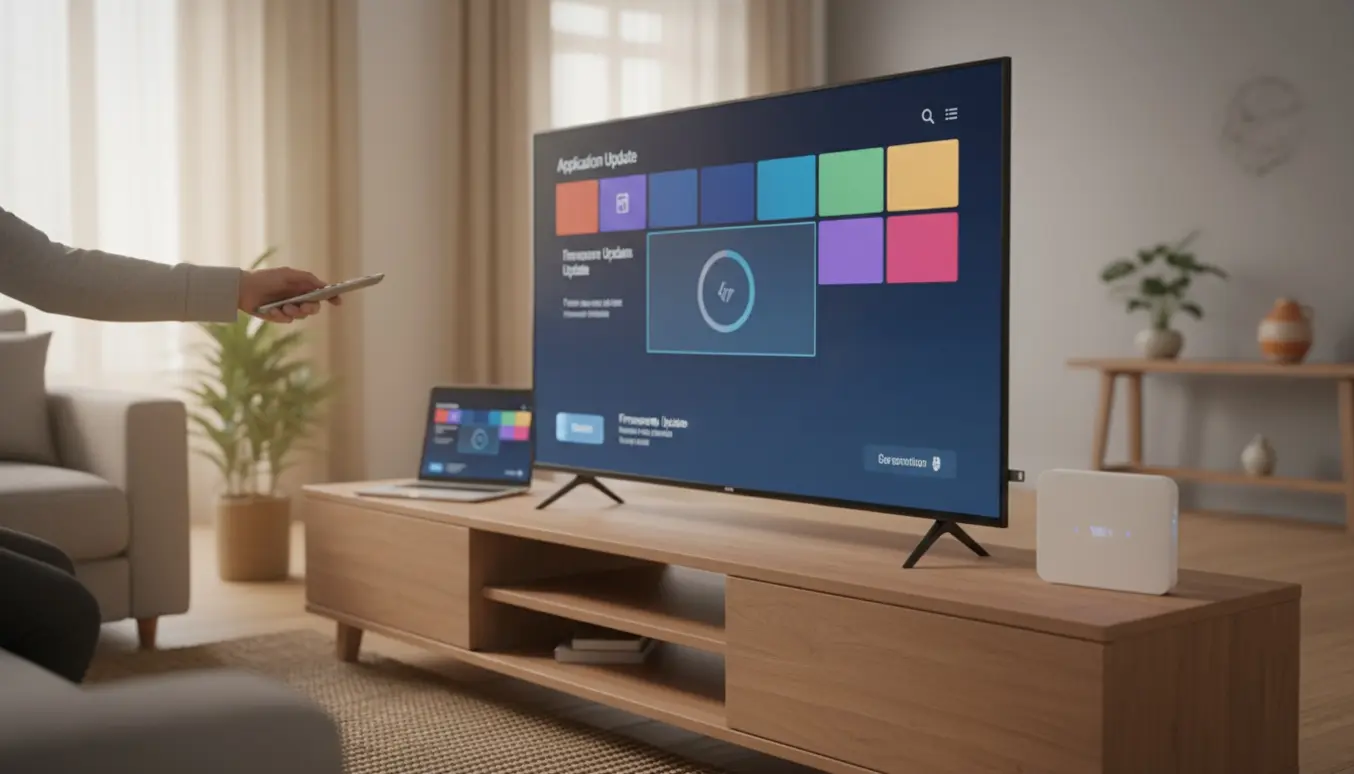 Hænder opdaterer og opsætter programmer på en stor fladskærm i en moderne stue.