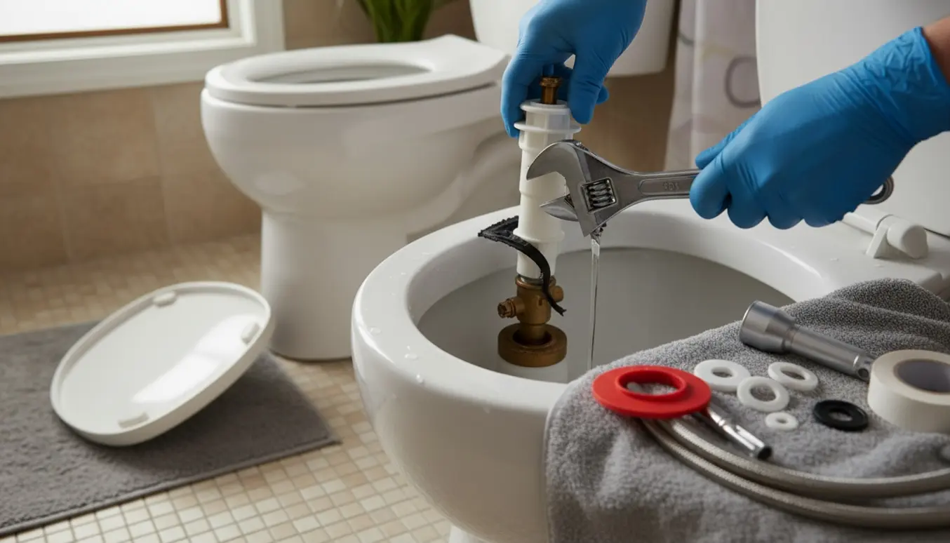 Nærbillede af et åbent toilets indre med hænder, skruenøgle og nye reservedele under reparation.