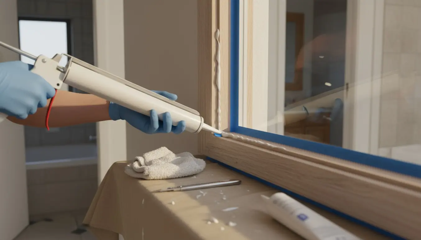 Hænder fuge en indvendig vinduesramme med fugepistol, med to slørede badeværelser i baggrunden.