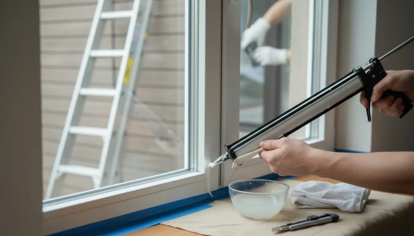 Nærbillede af hænder, der fuge en vinduesramme indvendigt, med udvendig fuge synlig gennem ruden.