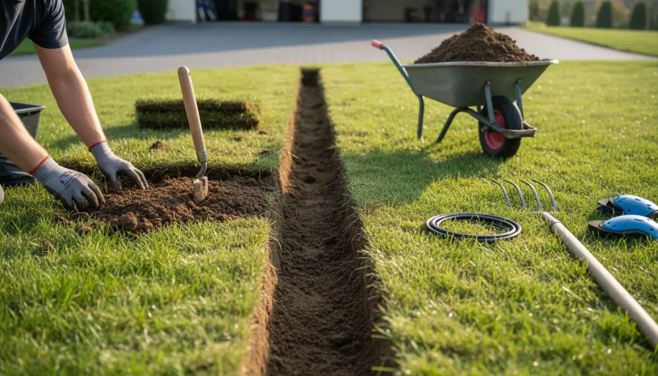 Smalt gravet kanal i græs med opstablede græstørv og en spade klar til elkablet.