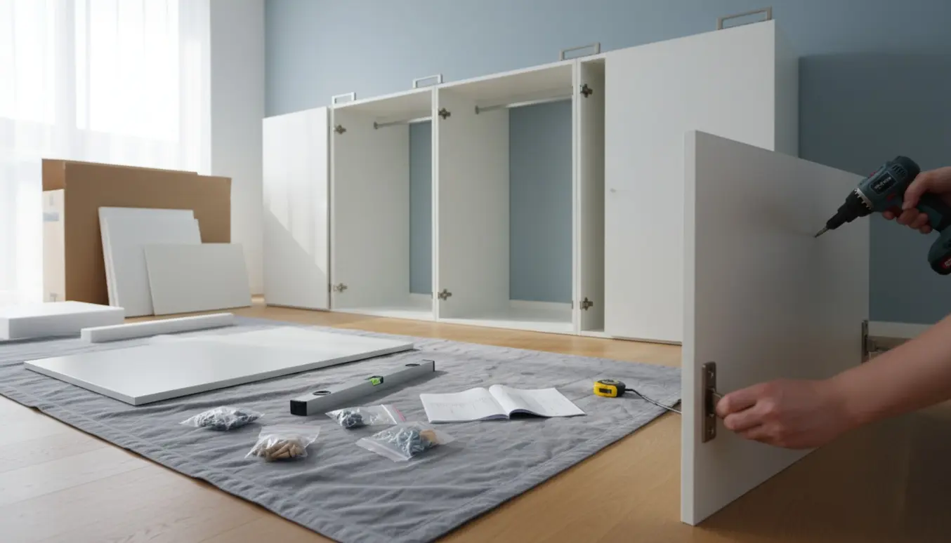 Tre 50 cm brede PAX-garderobeskabe under montering med døre og værktøj i et lyst soveværelse.