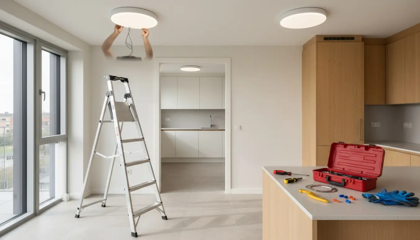 En stige og åbent værktøj ved en køkkenloftslampe under montering, med en lignende lampe synlig i bryggerset.