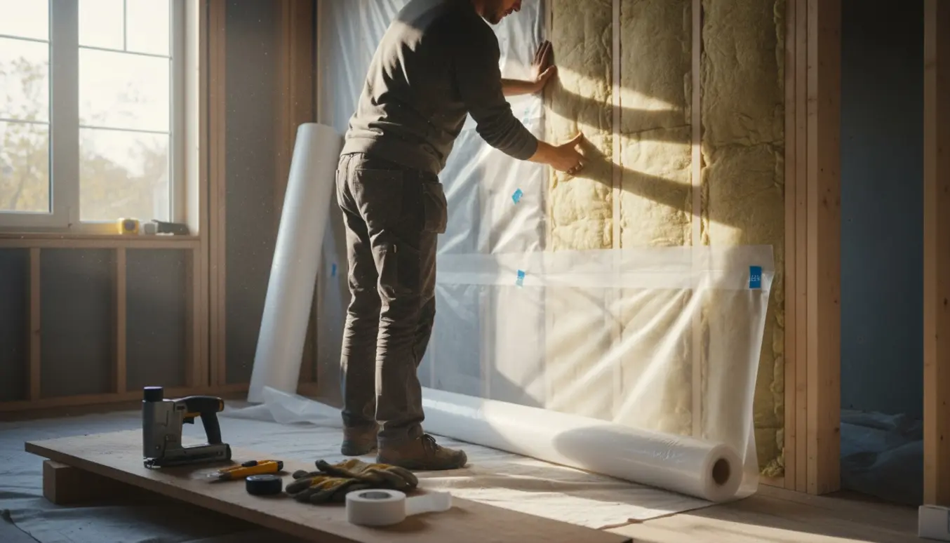 Tømrer monterer isolering og dampspærre på 1. sal i et rækkehus med værktøj og materialer synlige.