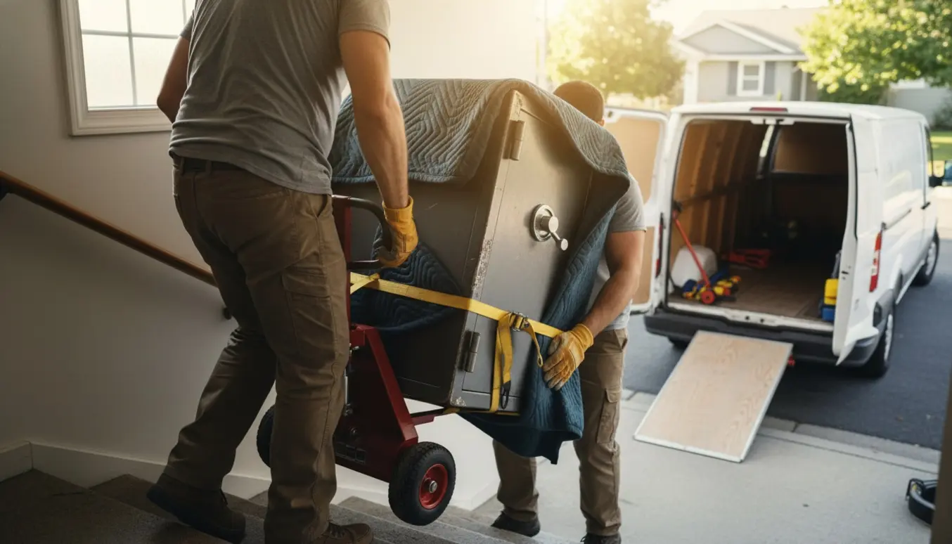 Tunge flyttefolk bærer et pengeskab ned ad en trappe med flytteudstyr og varevogn i baggrunden.