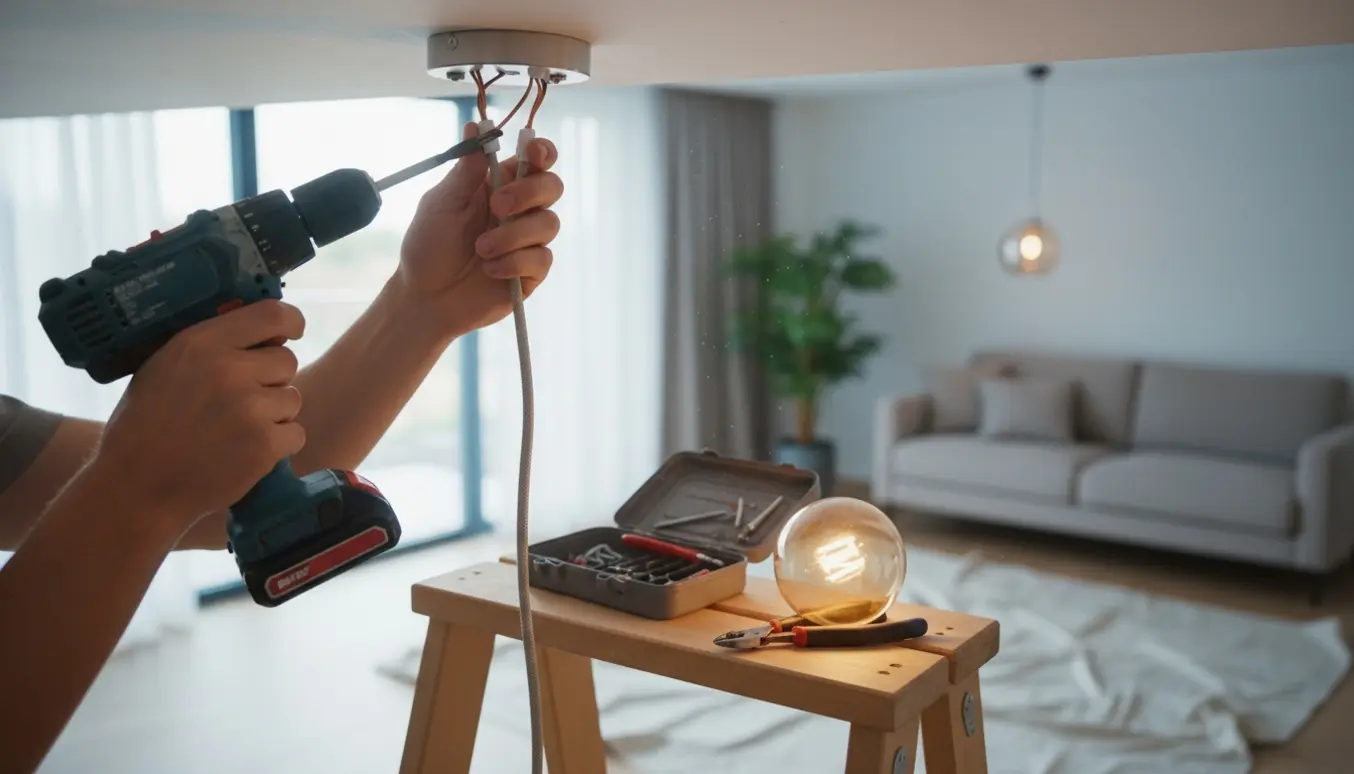 Nærbillede af hænder, der monterer en loftlampe med værktøj og en stige i et moderne opholdrum.