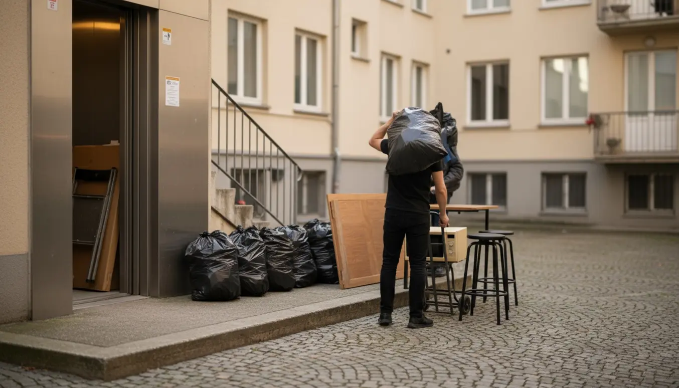 Personer bærer sorte sække, bordplade, barstole og en mikrobølgeovn ned til en baggård ved en lille elevator.
