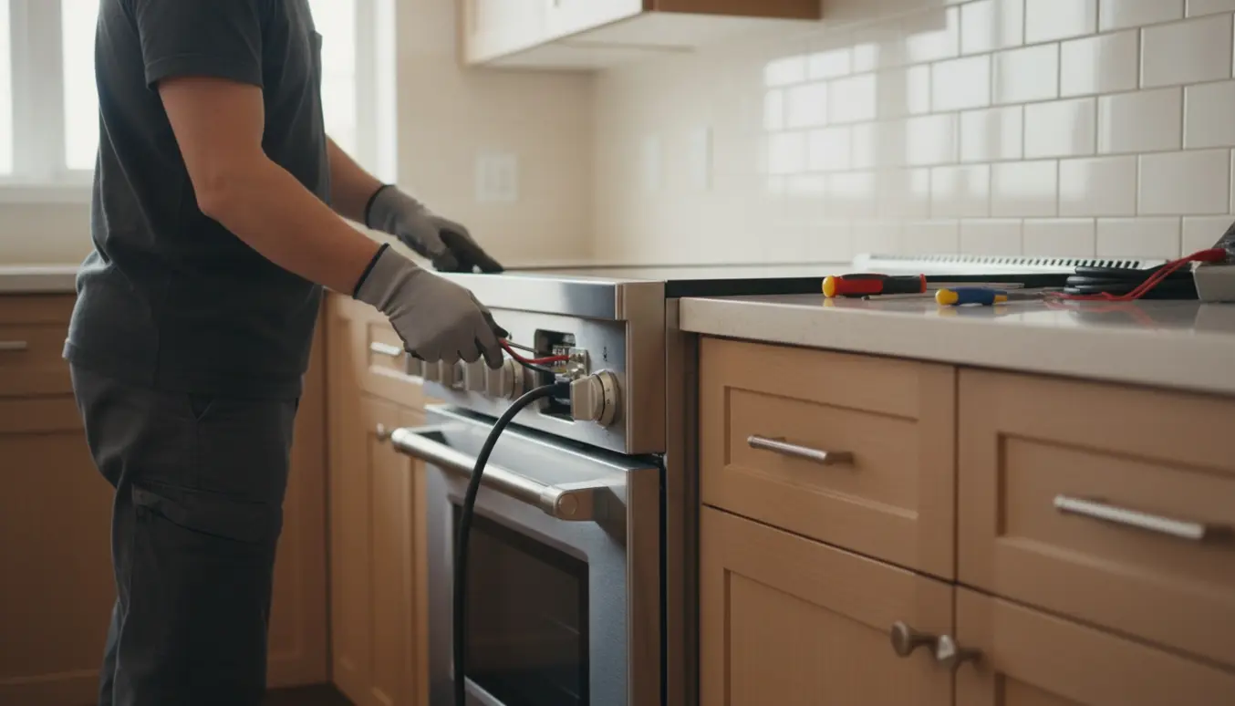 Elektriker tilslutter et elektrisk komfur i et frit hul i et moderne køkken.