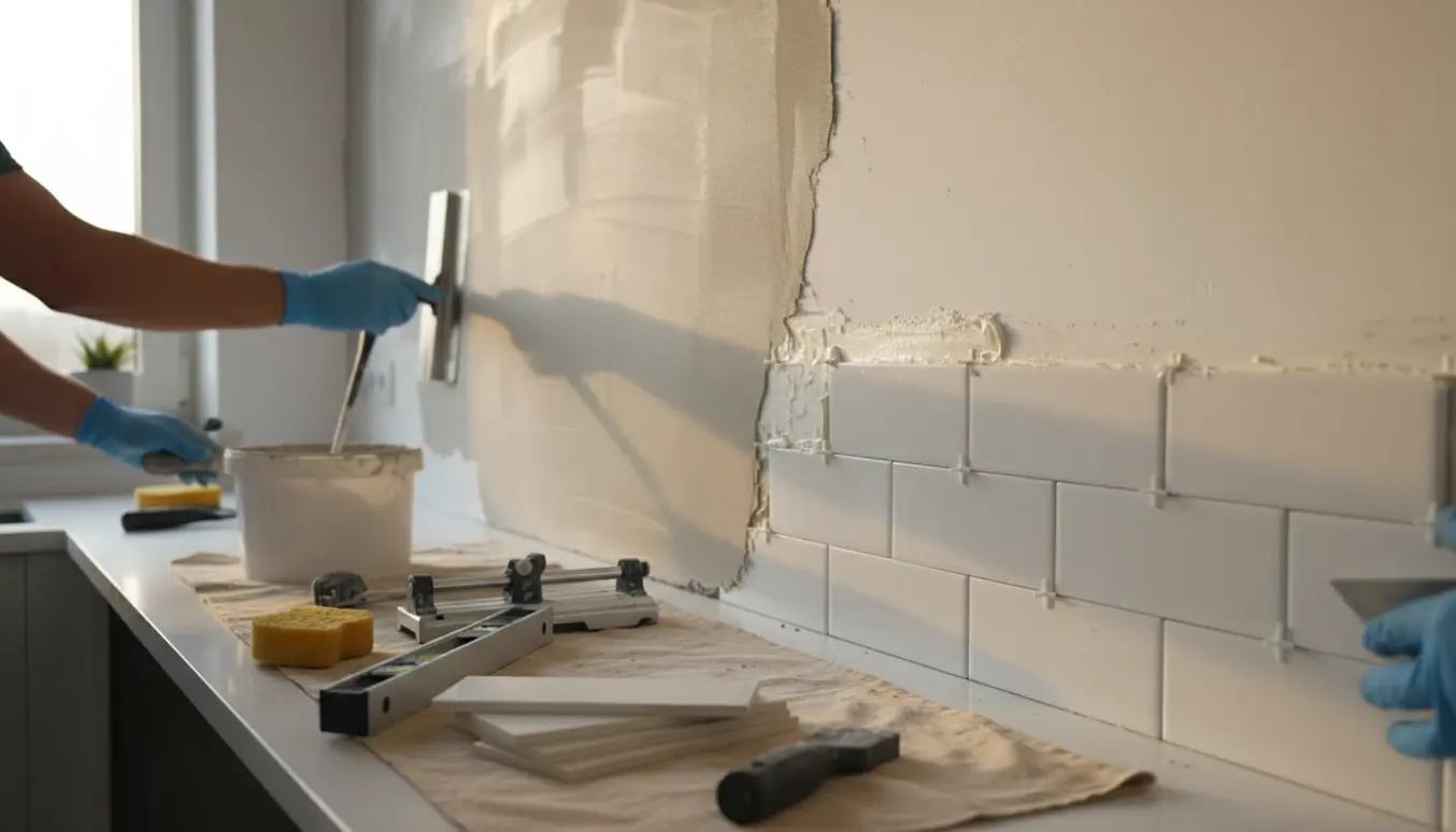 Køkkenvæg under renovering med håndspartling og opsætning af fliser langs bordpladen.