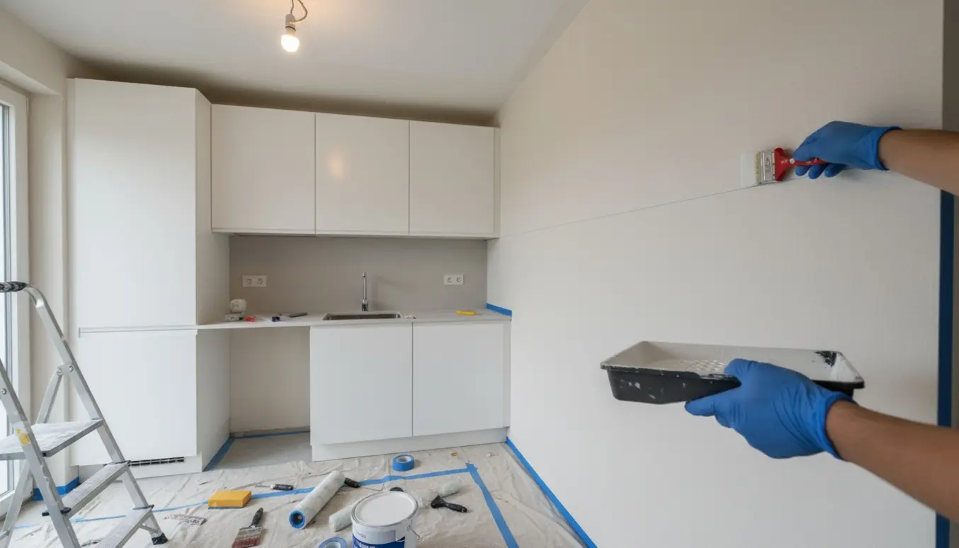 Lille 6 m² køkken under renovering med afdækket gulv og malerudstyr, mens loftet males hvidt.