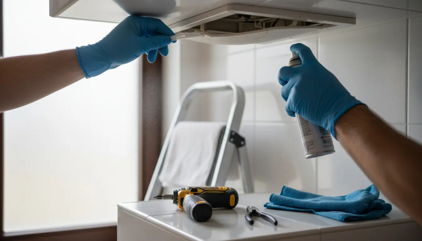 Nærbillede af hænder, der løsner en fastsiddende plastventil i et badeværelse med smøremiddel og værktøj.