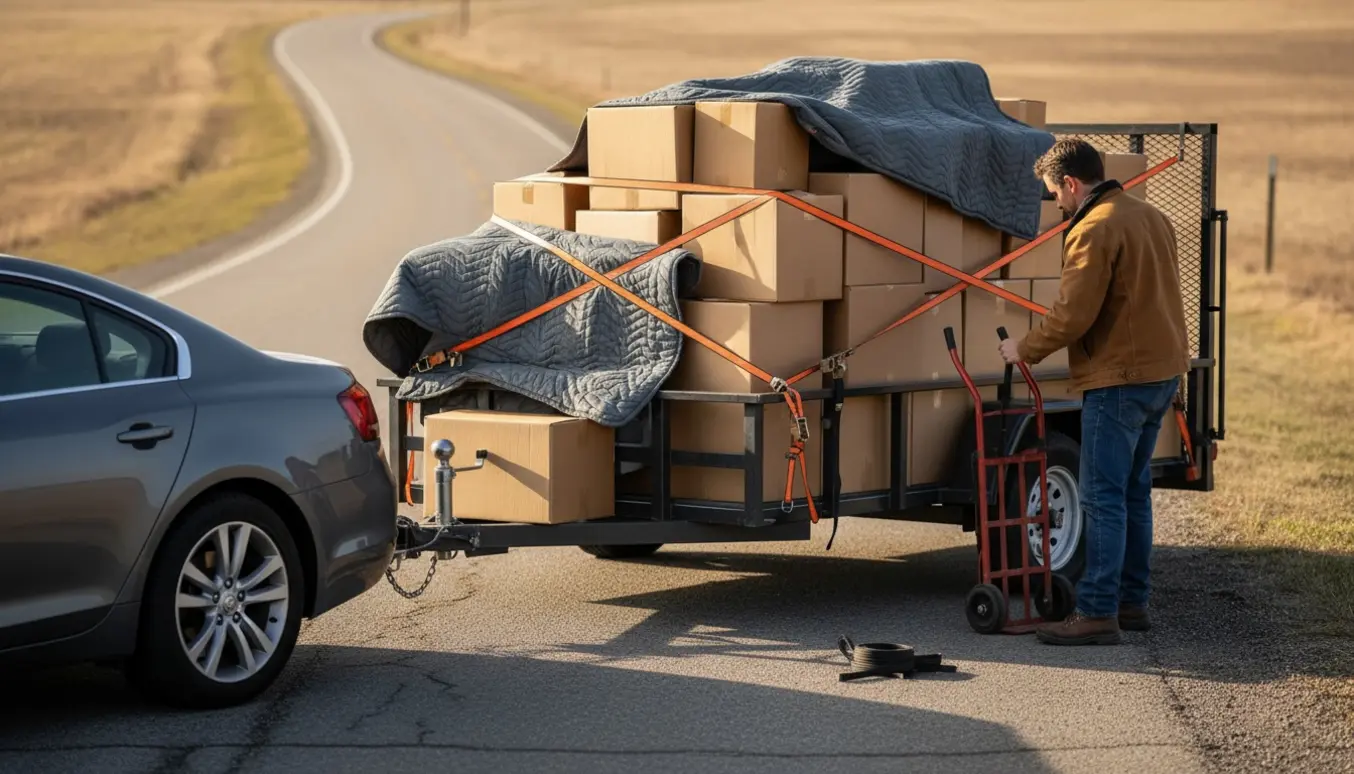 Bil med en stor trailer fyldt med kasser parkeret ved vejen, klar til en længere køretur.