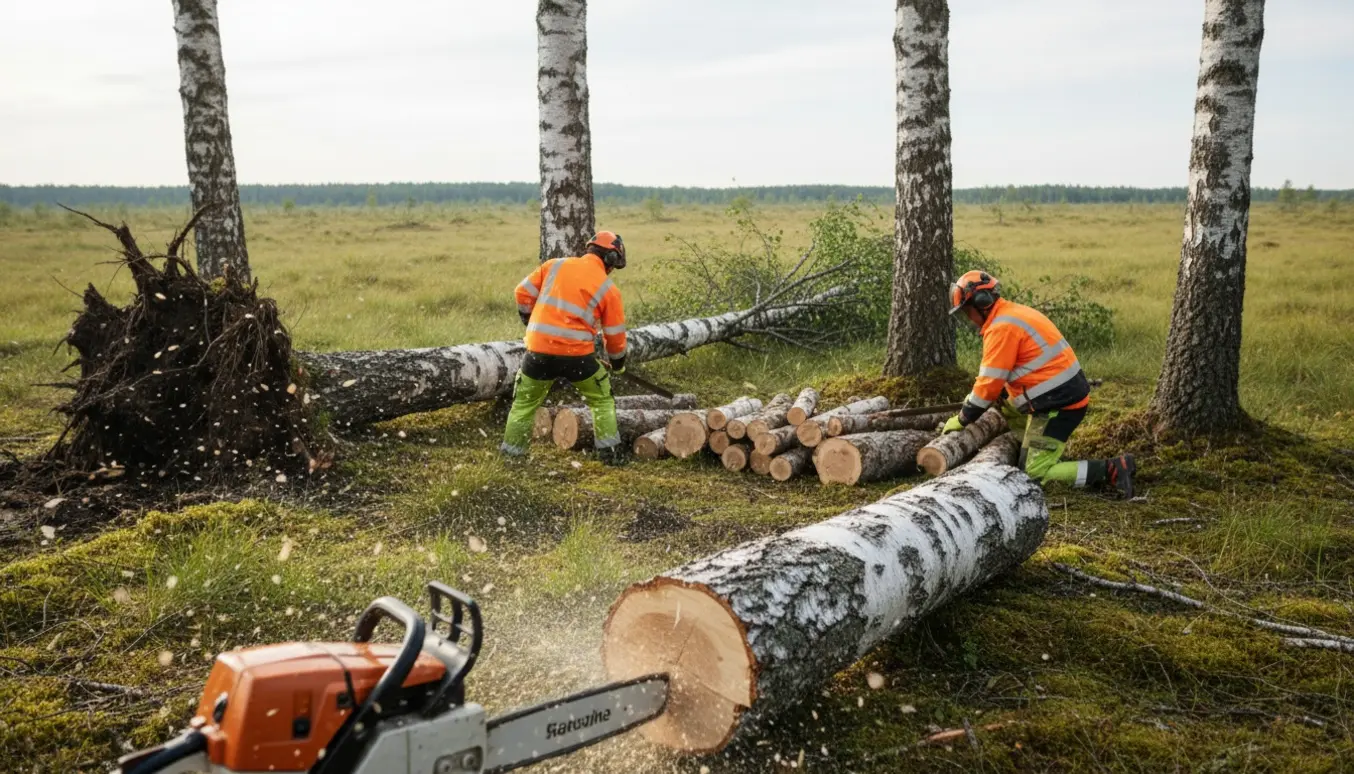 Fældning og opsavning af delvis væltede birketræer på en mosegrund med stykker stablet på et mindre moset område.