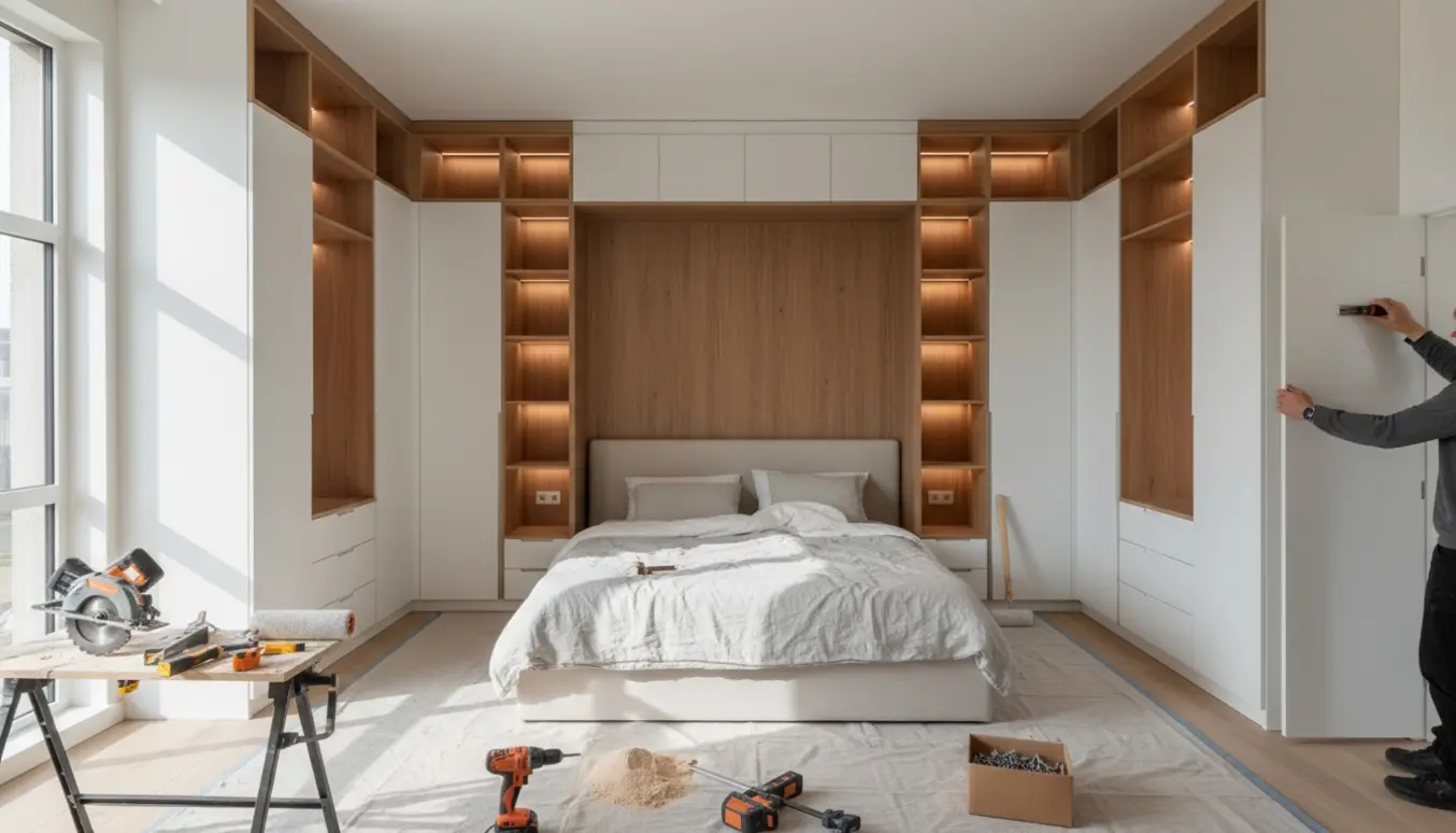 Hesteskoskab under opbygning omkring en seng med håndværkerens hænder og værktøj i et lyst soveværelse.