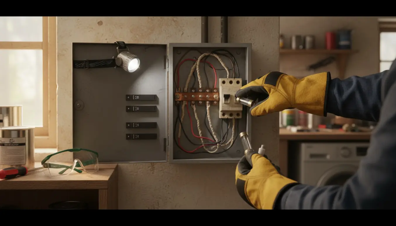 Nærbillede af hænder, der genstarter strøm i en ældre el-tavle med reserve sikring og værktøj ved siden af.