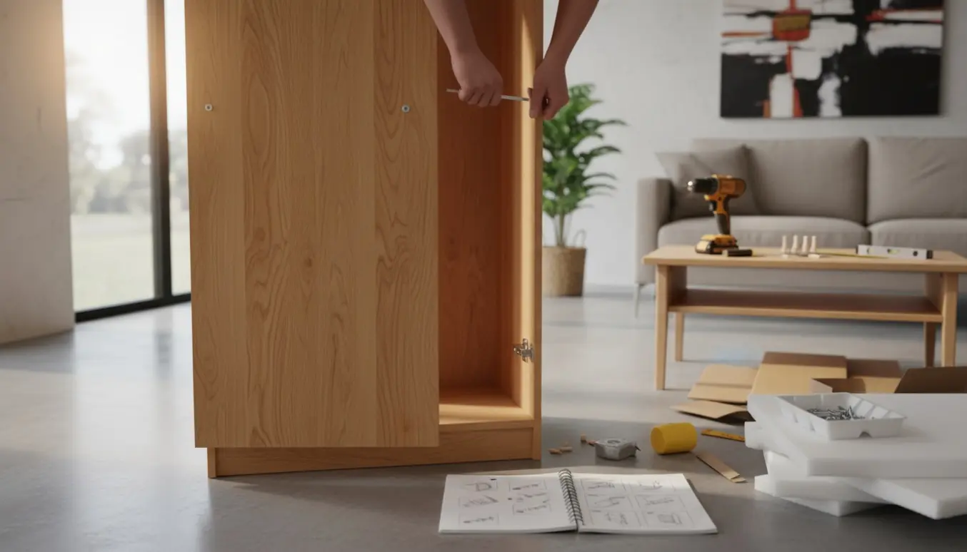 Delvist samlet garderobeskab i en lys stue med værktøj og hænder, der justerer panelerne.