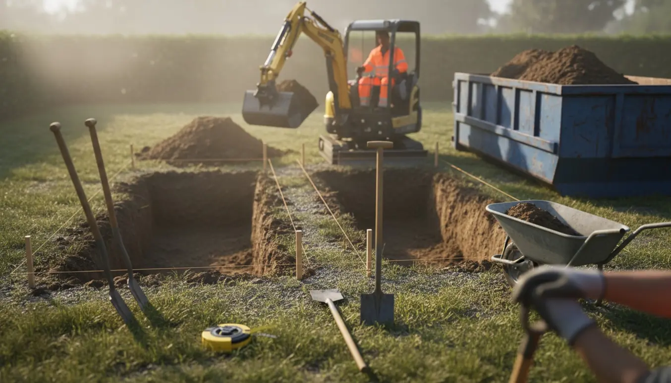 Minigraver graver to rektangulære huller i en baghave, og jord læsses i en container.