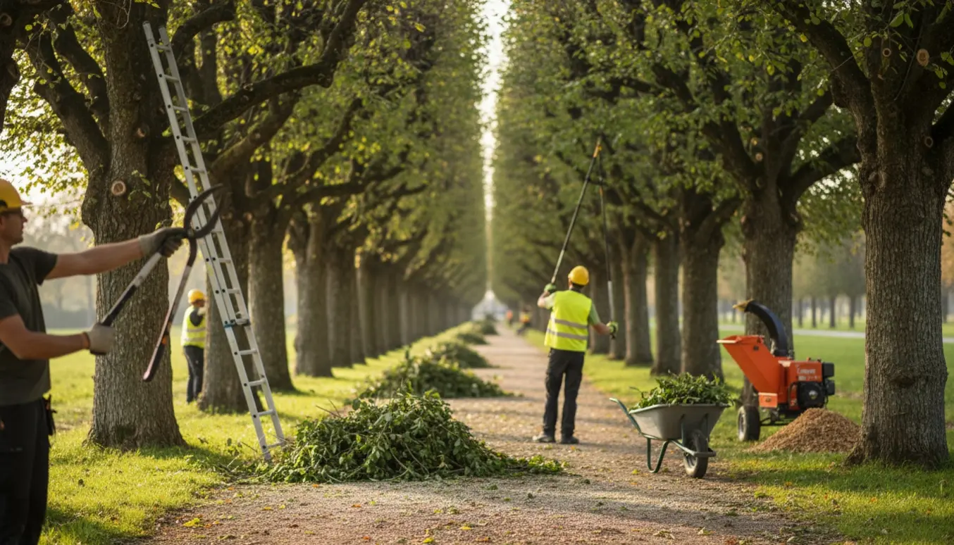 Allétræer under professionel beskæring med stiger, beskæreredskaber og bunker af afklippede grene langs en gangsti.